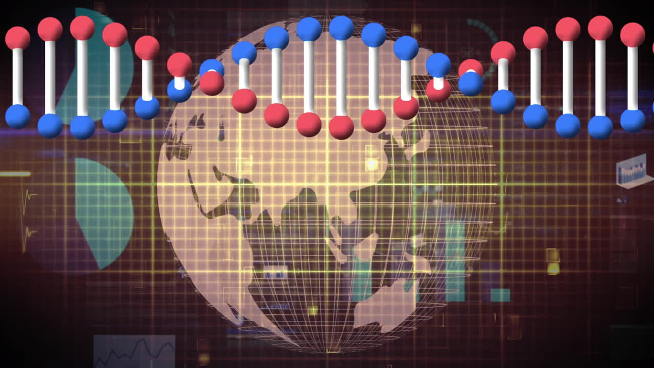 animación de la cadena de adn que gira sobre el monitor de frecuencia cardíaca, el globo, los gráficos y el procesamiento de datos