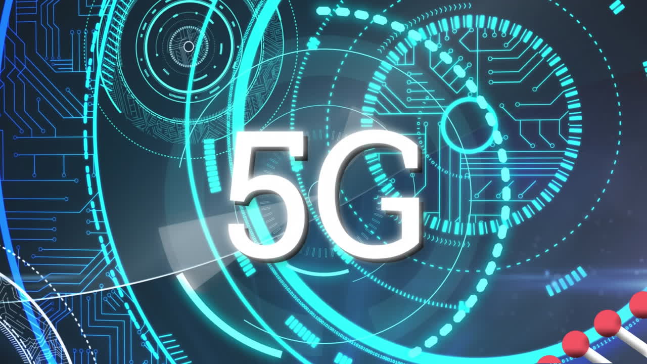 animazione di testo 5g e scansione dell'ambito su sfondo blu