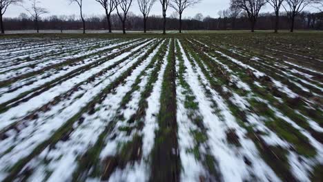 Antena-Sobre-El-Campo-Agrícola-Cubierto-De-Nieve,-Derritiéndose-Lentamente-Con-La-Carretera-En-El-Fondo