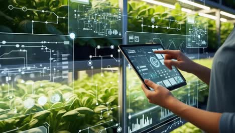 scientist using tablet with augmented reality to monitor plant growth in a vertical farm
