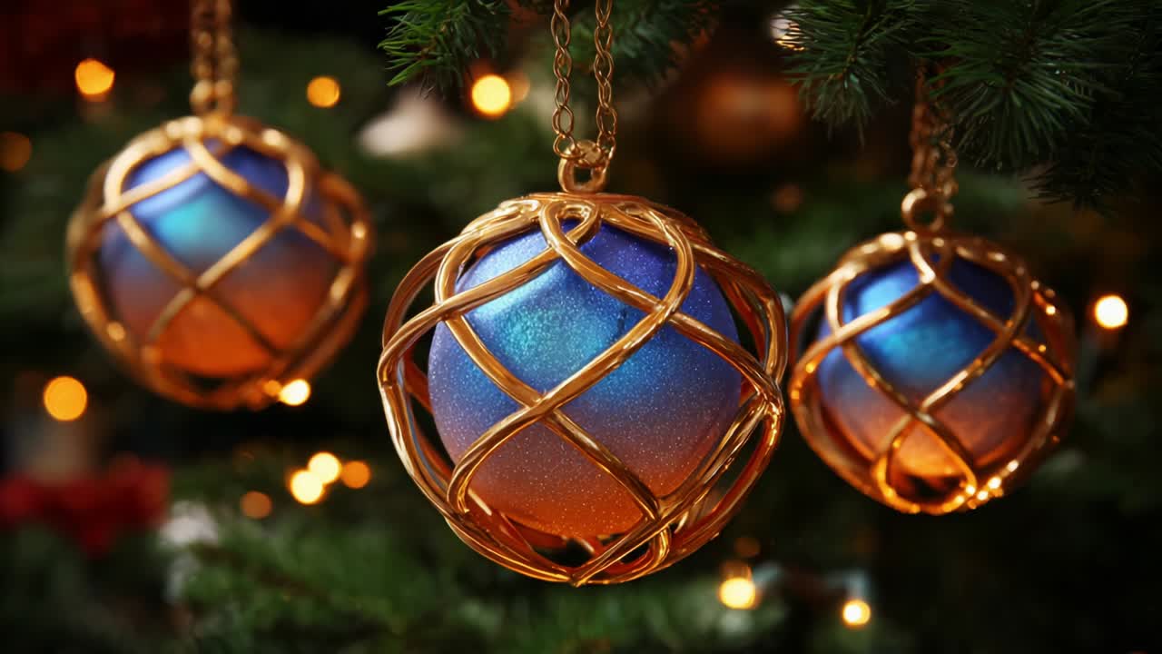 Elegant holiday ornaments showcasing a stunning blend of blue and orange hues with intricate golden wire designs, creating a festive atmosphere around the decorated Christmas tree, enhancing seasonal beauty