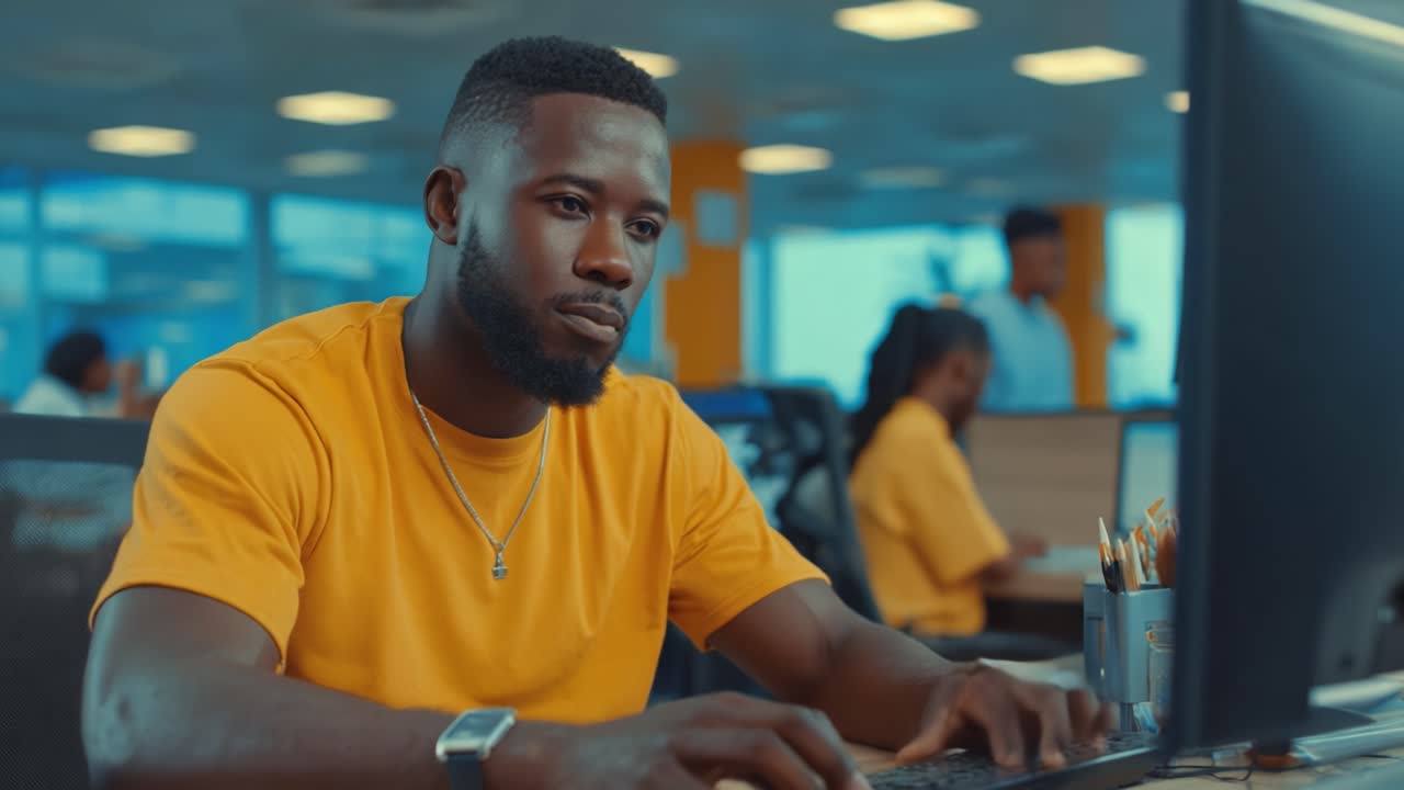 Focused Professional Working at a Computer in a Modern Office Environment, Engaged in Task as Colleagues Collaborate in the Background