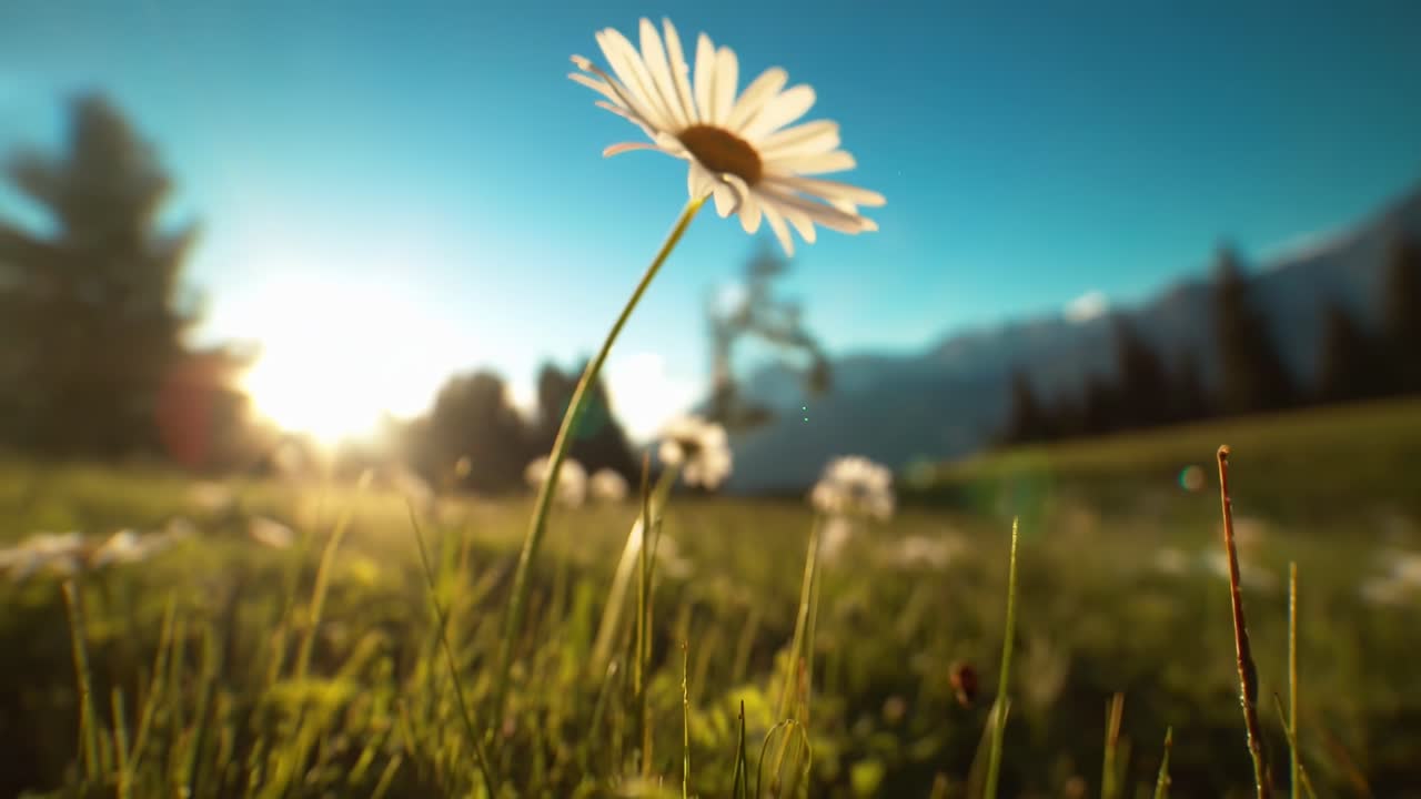 Low-angle video shot of a daisy in a sunlit meadow, capturing nature's beauty at sunrise