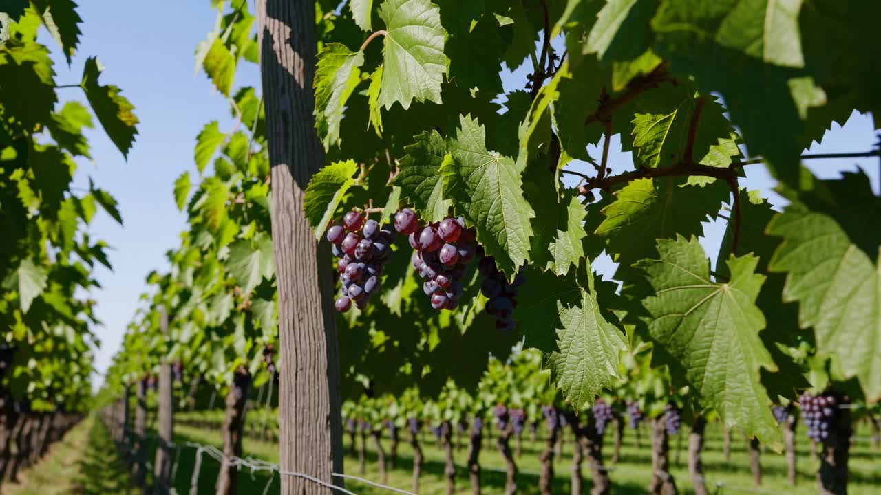 A low-angle shot of a vineyard with ripe grapes, showcasing lush green leaves and blue sky