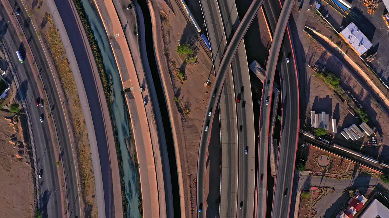 Flying over Cesar E. Chavez Border Highway (375) and Border wall in El Paso, Texas before Title 42 Ends. 4k Drone Footage. Next to Av. Rafael Pérez Serna Highway in Ciudad Juárez, Mexico.