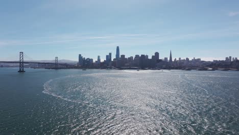 Wide-and-high-elevation-drone-shot-of-San-Francisco,-California-on-a-sunny-day