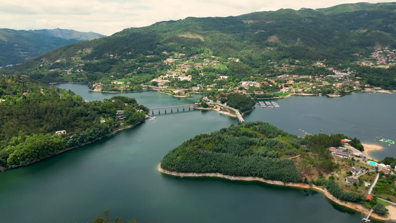 Aerial View of Caldo River's Bridge over Cani&ccedil;ada, Ger&ecirc;s, Northern Portugal with Stunning Lake Reflections