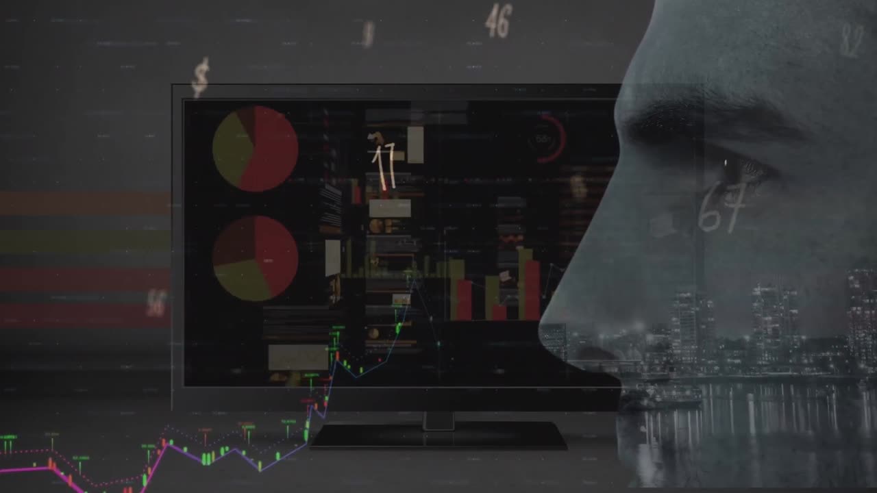 Animation of data processing over caucasian man and computer