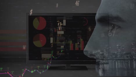 animation of data processing over caucasian man and computer