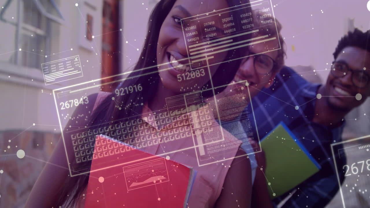 Students collaborating on campus in education tech, holding notebooks with floating data graphs