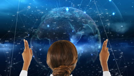 animation of caucasian woman using touchscreen with globe and network of connections