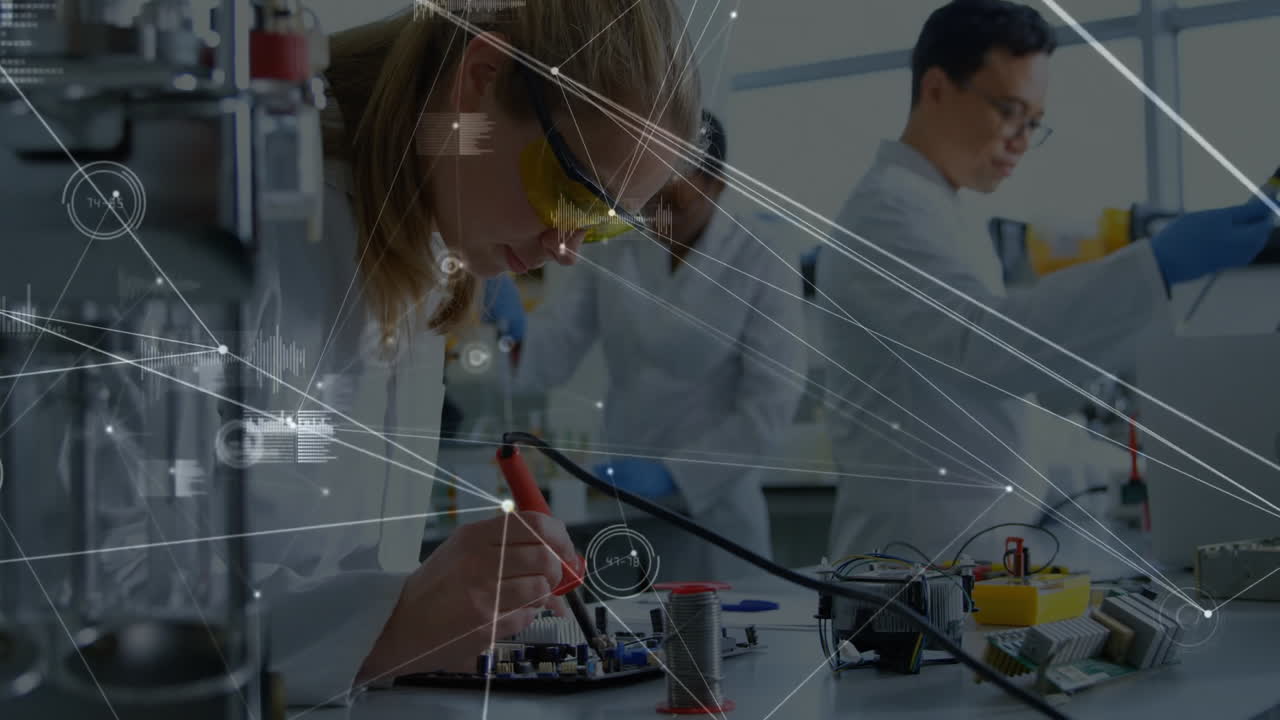 Working on electronics, scientists using data connections animation in lab setting