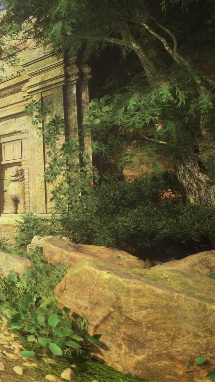 Edificio antiguo de piedra con árboles y rocas en una zona verde durante el día.