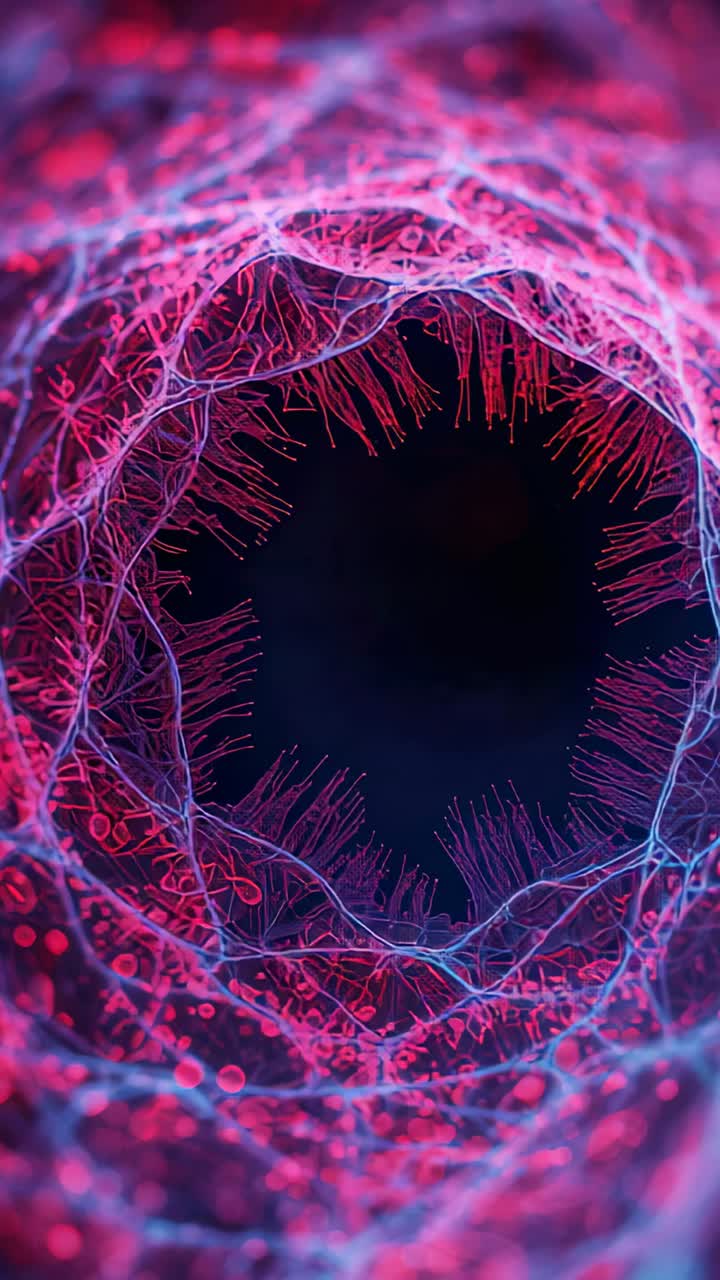 Vertical video: Zooming inward, filament ring approaching camera in dark void, pink threads waving