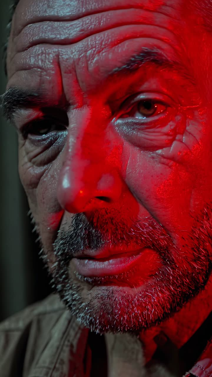 la introspectiva serie de seis retratos de un hombre maduro, revelando emociones matizadas a través de la iluminación roja y azul cambiante contra un fondo blanco