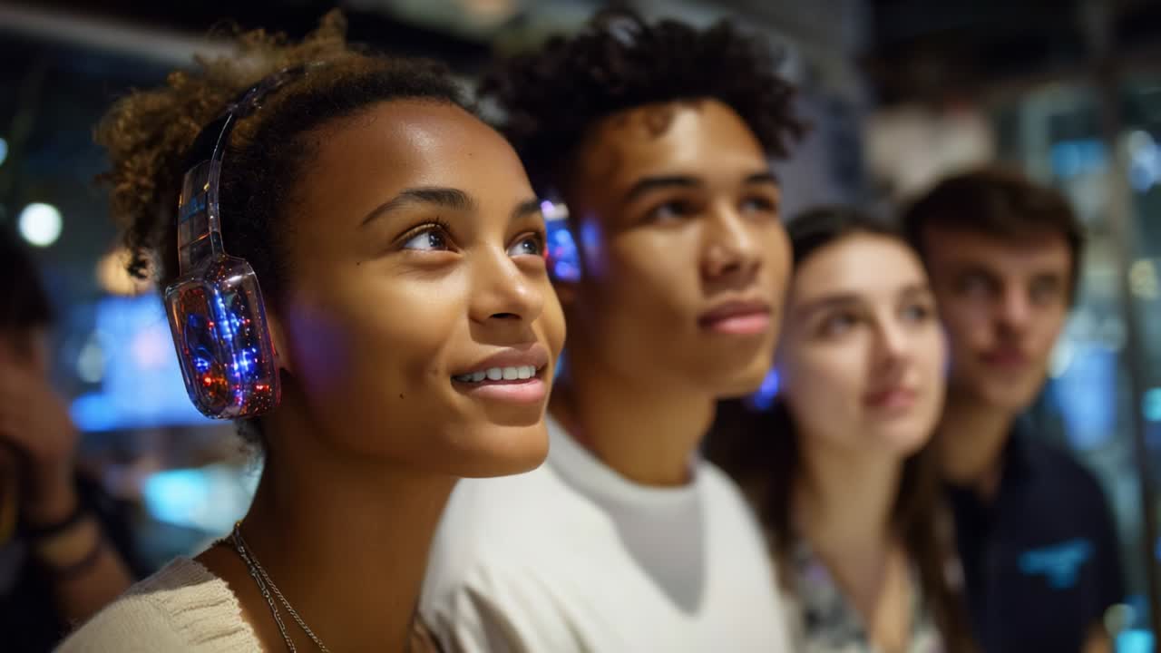 Group of Young Adults Engaged in a Shared Experience with Headphones on, Embracing the Moment with Expressions of Wonder and Curiosity, Captured in Two Distinct Frames of a Video