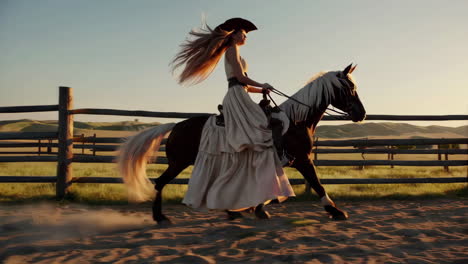 cowgirl on horseback at sunset