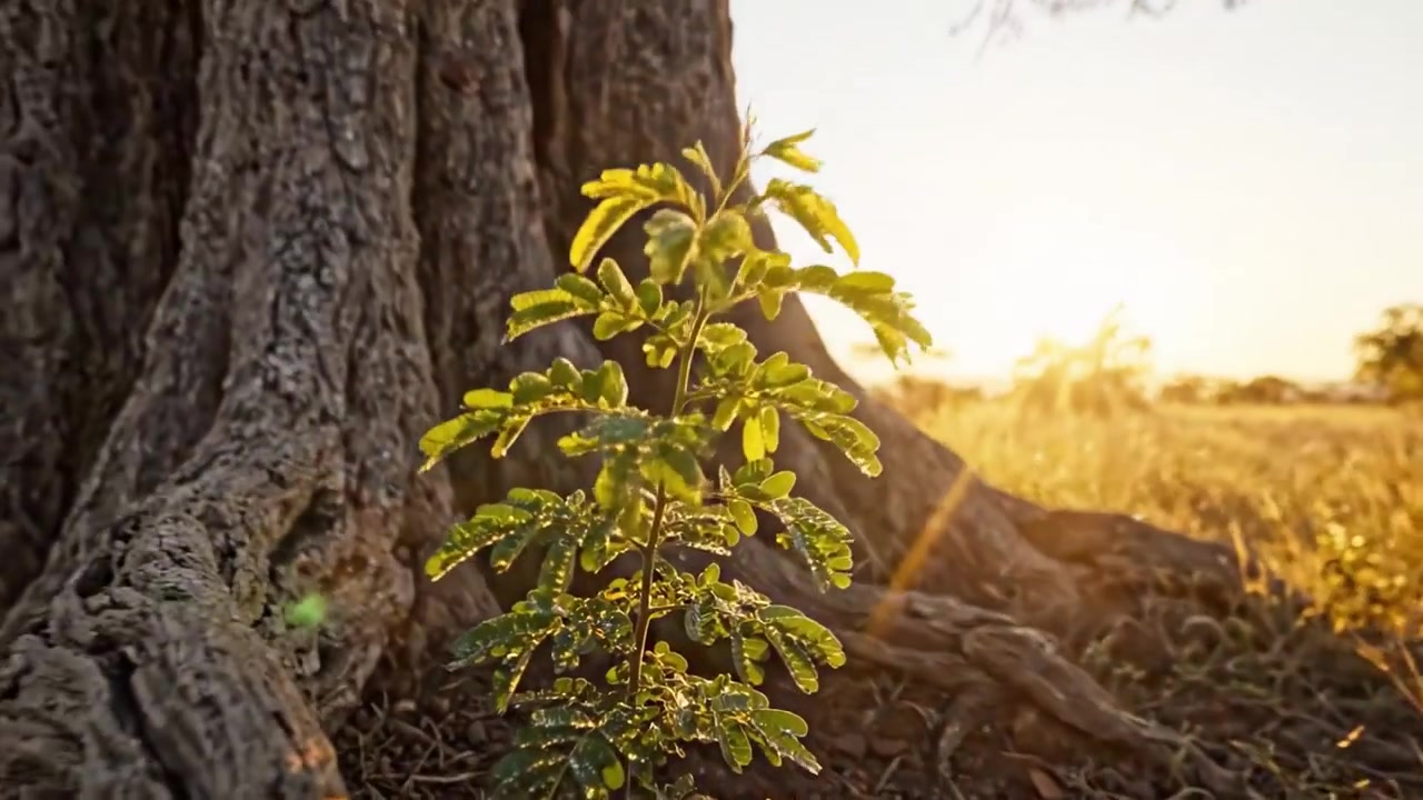 Maestoso albero di acacia che si erge fiero tra erbe dorate, con la luce del sole che filtra tra le foglie, a simboleggiare resilienza e vita nel cuore dello splendore della natura