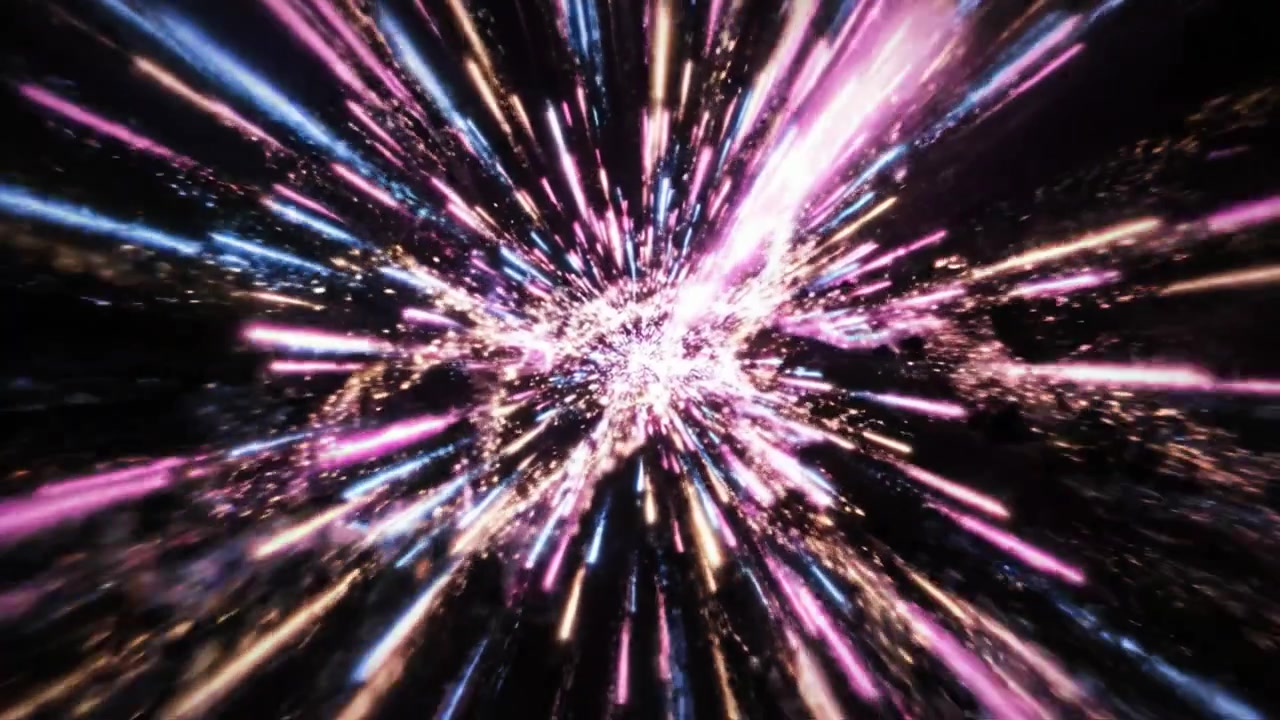 Trasformazione dinamica da un singolo fascio di luce a uno spettacolo esplosivo di stelle colorate su uno sfondo scuro, catturando l'eccitazione del movimento e dell'energia.