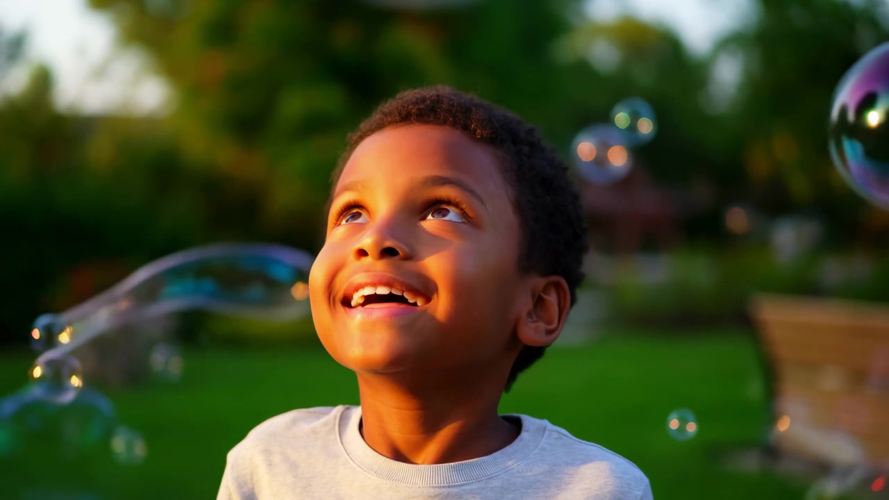 Menino sorrindo entre bolhas de sabão ao pôr do sol, retrato em close-up de criança alegre brincando no parque, luz do sol da hora dourada.