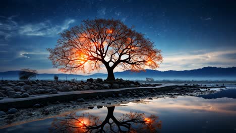 majestic tree silhouette reflecting in tranquil water at twilight