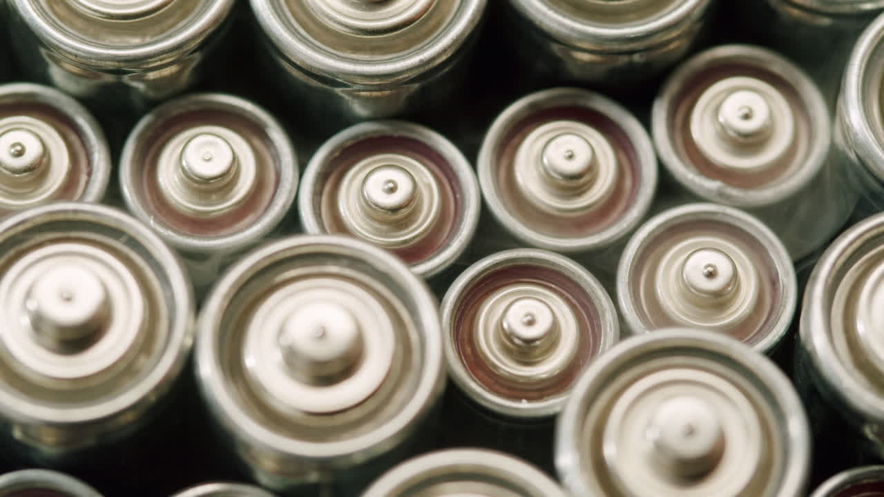Silver batteries AA and AAA in hands on black background in smoking fog close-up. Double-A battery is a standard size single cell cylindrical dry battery. Batteries are common in portable electronic devices. An AA battery is composed of a single electrochemical cell that may be either a primary batt