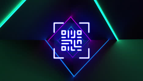 digital animation of glowing neon blue qr code against neon colorful tunnel on black background