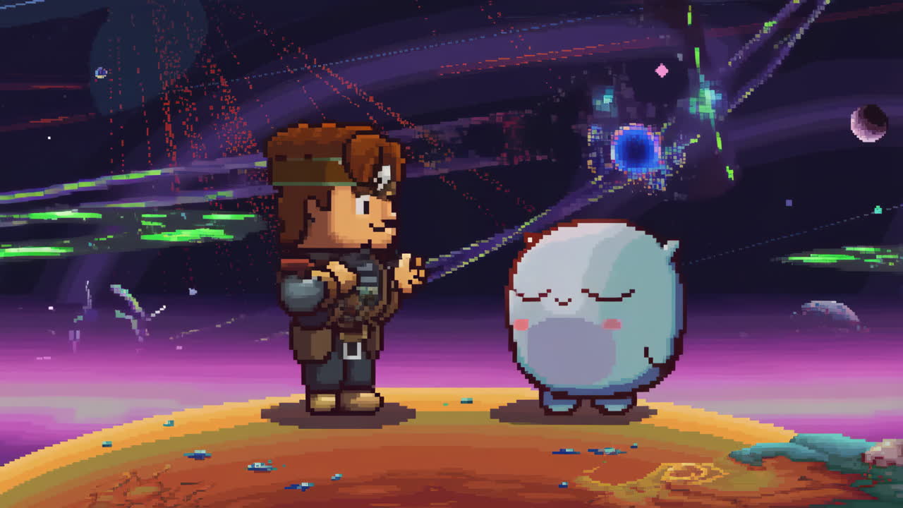 Pixel Art Space Adventure: A Human and Cute Alien on a Distant Planet