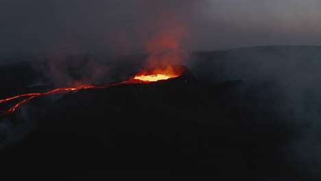 Panoramic-view-of-volcano-eruption-at-night.-Magma-gushing-in-crater-and-molten-lava-flow.-Fagradalsfjall-volcano.-Iceland,-2021