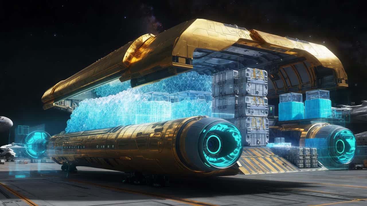 미래의 황금 우주선 화물 창고