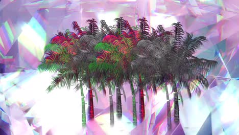 animation of palm trees moving over glowing crystals