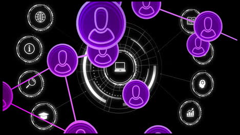 red de iconos de usuario conectados y animación de procesamiento de datos sobre fondo oscuro