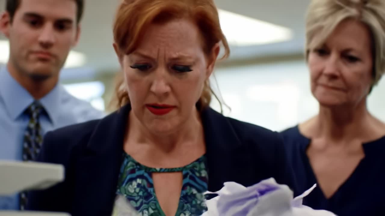 Tension fills the office as workers respond to unexpected news. A woman shows distress while two colleagues observe, showcasing a moment of anxiety amidst daily work life.