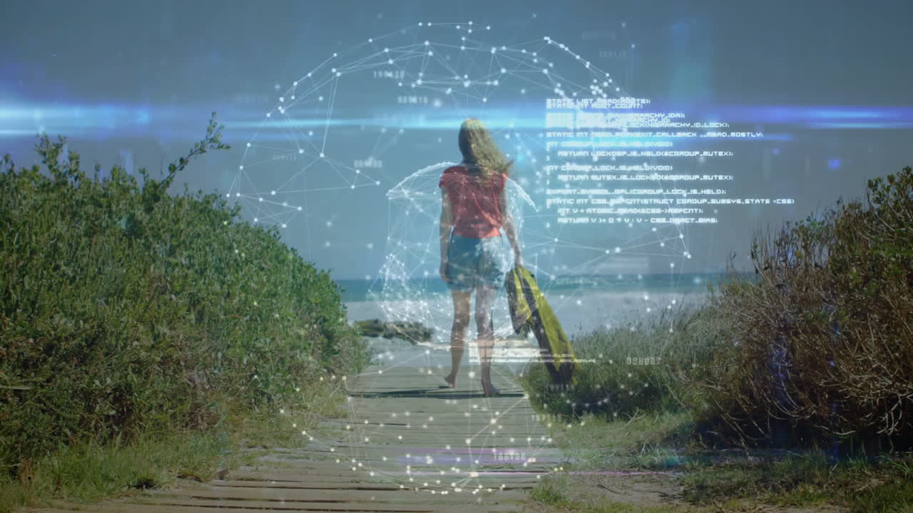 Person walking on boardwalk towards beach with digital network overlay animation