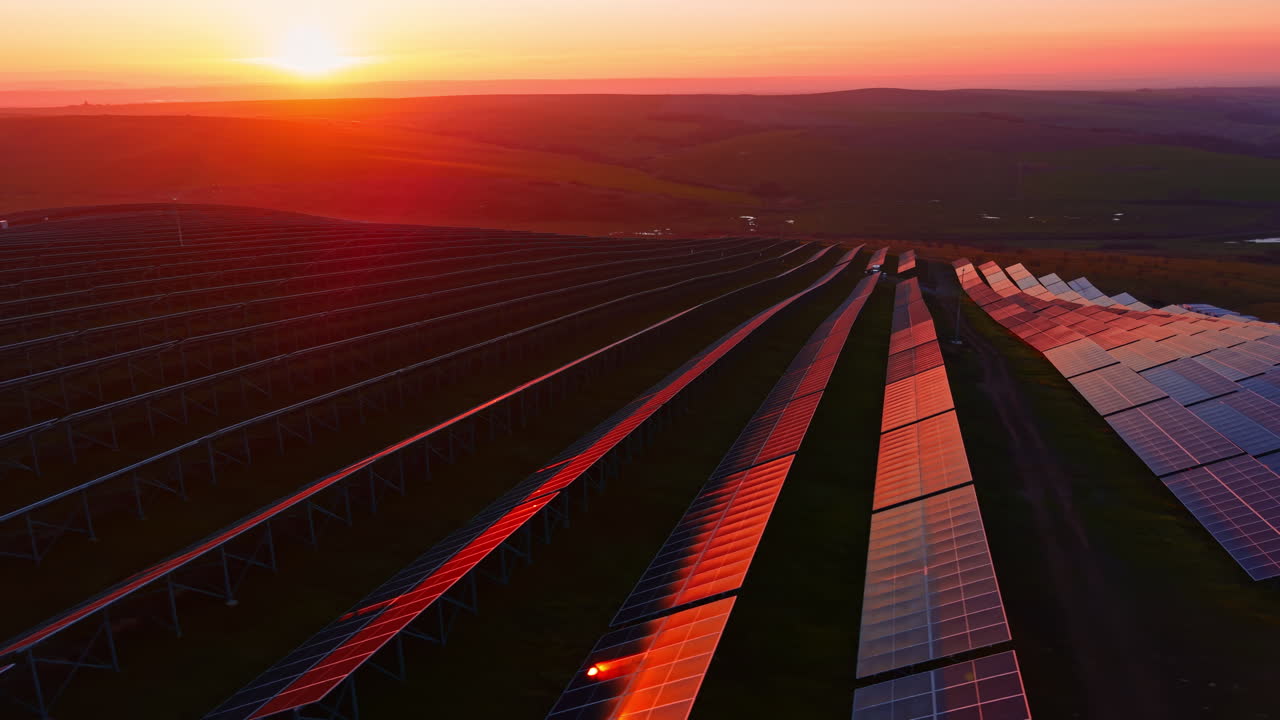 Solnedgangen oplyser solpaneler i livlige farver, mens dagen går på hæld over et vedvarende energiområde