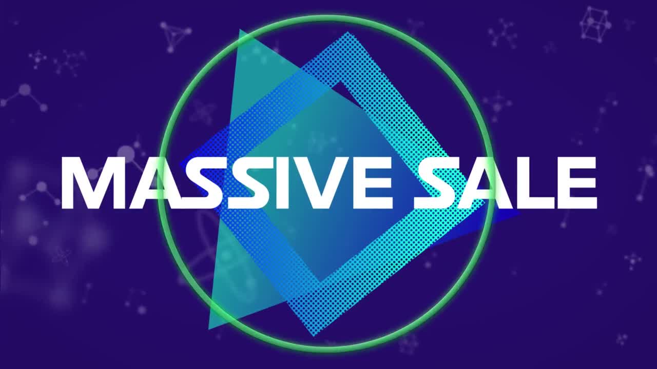 Animation of massive sale text over shapes