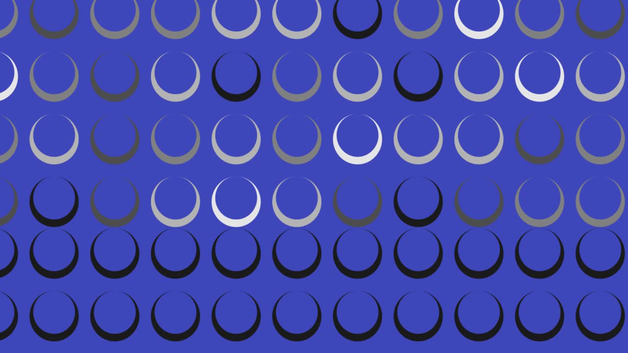 파란색 배경에 여러 개의 회색 원형 모양의 디지털 애니메이션
