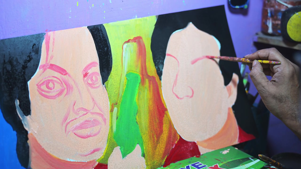 A tight shot captures a Dhaka artist carefully outlining a cinematic face template on a rickshaw metal board, detailing a custom movie poster design to save a disappearing folk art tradition.
