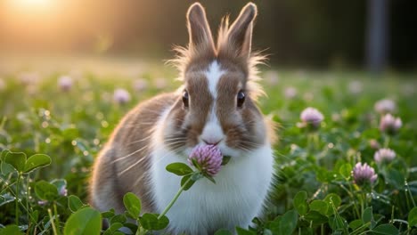 a charming rabbit enjoys a delightful snack in a lush, flower-filled meadow at sunset, capturing the essence of nature's beauty and serenity
