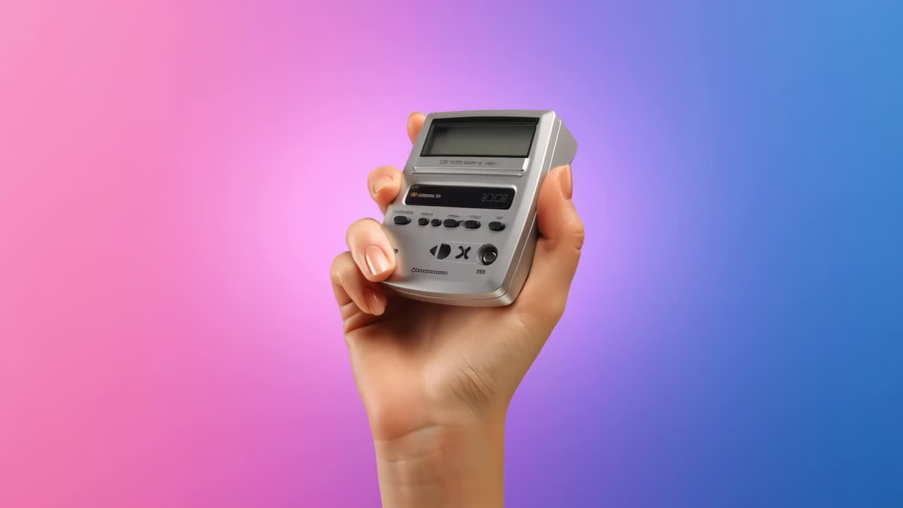 Hand holding a small electronic device against a pink and blue gradient background
