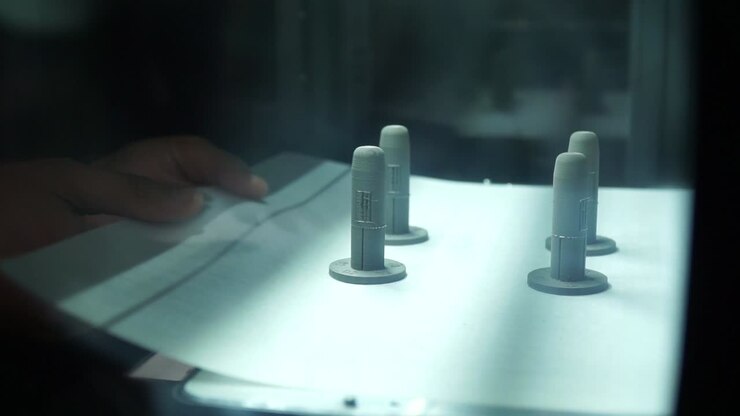 Mani femminili che spostano stampe 3D da una stampante 3D, in tempo reale.
