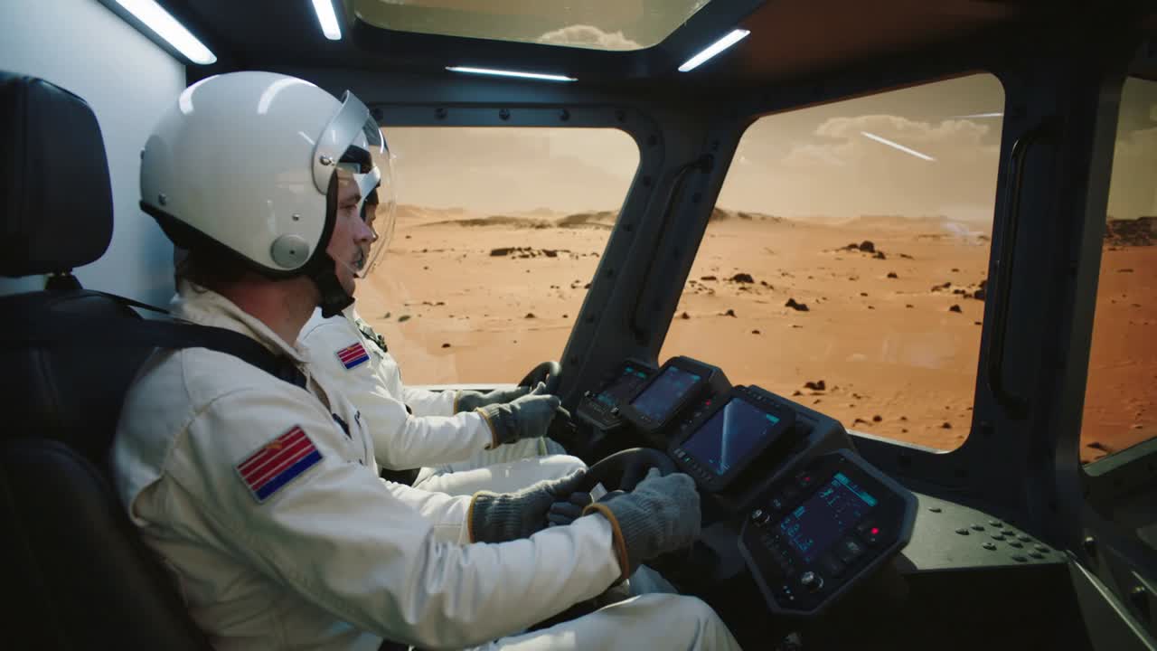Piloting two in white suits holding wheel and using screens as vehicle moving, scanning plain