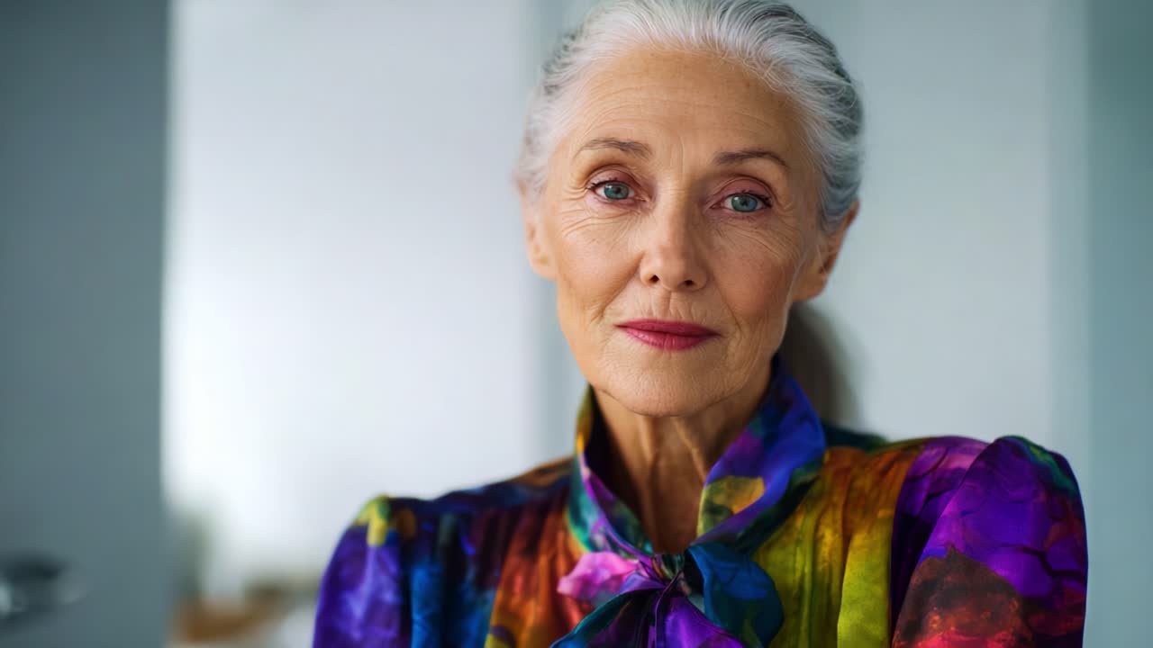 Un'elegante signora anziana con un abito colorato emana sicurezza e grazia, catturata in un sereno ambiente interno, mettendo in mostra una bellezza e un portamento senza tempo