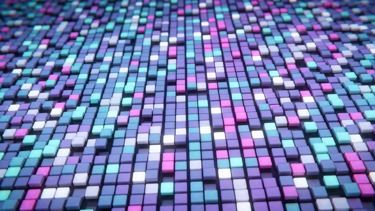 Close low angle view of small beveled cubes arranged in tight grid across shallow plane, receding toward distant center with glossy reflections, neon purple and cyan glow, soft blur, strong