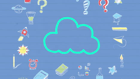 animación del icono de la nube con contorno azul dibujado a mano con un marcador con fondo azul