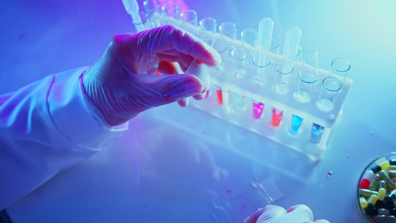 Scientist's Hands in Gloves Preparing Sample on Microscope Slide in Lab