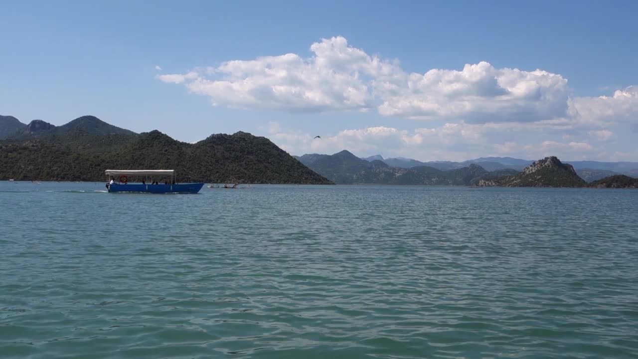 boat sails on Skadar Lake, on the border of Albania and Montenegro, the largest lake in Balkan Peninsula