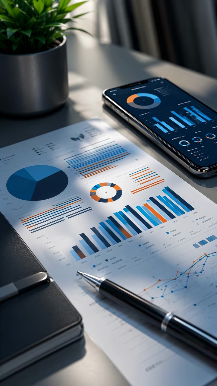 Kronologisk forretningssekvens som viser trykt analyse og smarttelefondashbord gjennom klippet: tidlige rammer presenterer rapport og mobilgrafer for innledende