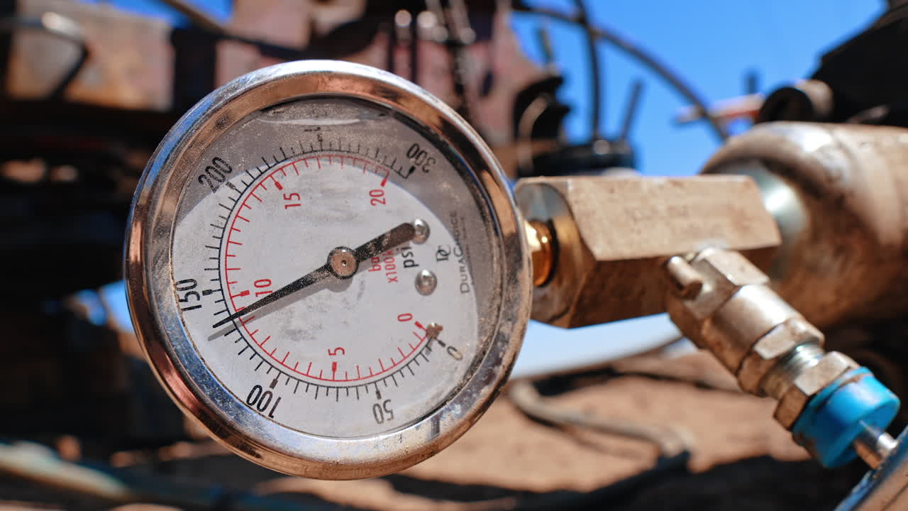 Manometer dial placed horizontally. Close up. Detail from the equipment used for drilling oil and gas.