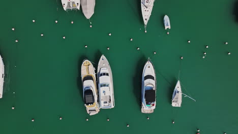 a group of boats floating on top of a green body of water
